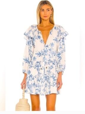 Free People Sunbaked Floral Blue & Ivory Boho Longsleeve Swing Dress Size M